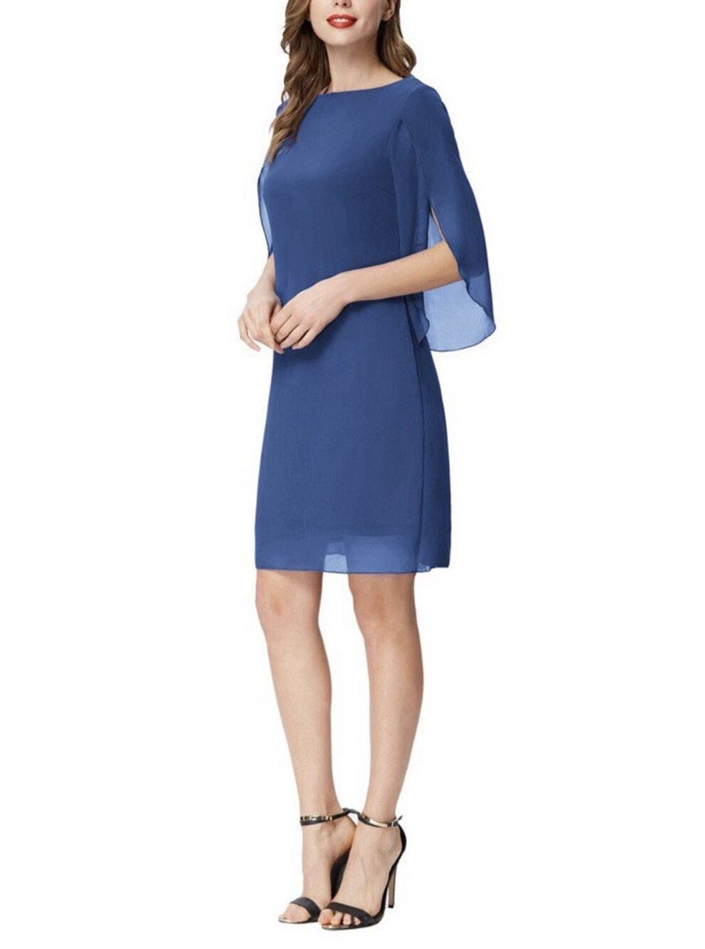 Grace Karin Women XL Blue Elegant 3/4 Slit Sleeve Loose Chiffon Party Midi Dress